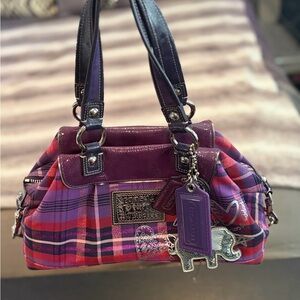AUTHENTIC Vintage Coach Purple and Pink Plaid Shoulder Bag with Elephant Charm